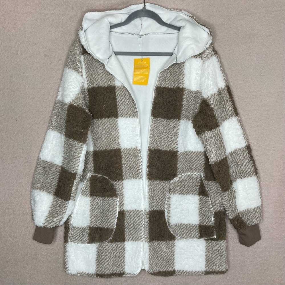 Plaid Hooded Cozy Fleece Jacket Women’s M Loungewear Casual Layering Winter Fall